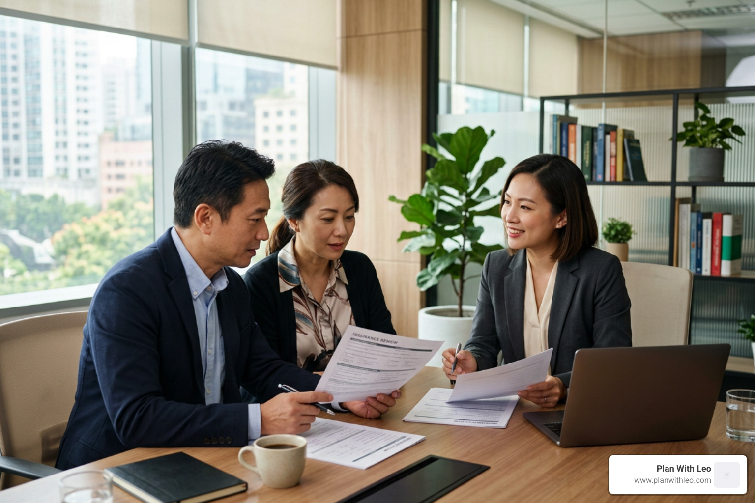 Asian adults discussing life insurance underwriting with a licensed agent