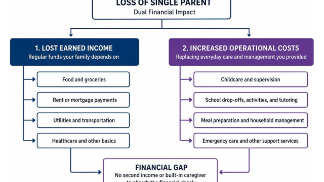 diagram showing the dual financial impact of single parent loss: lost income and increased operational costs