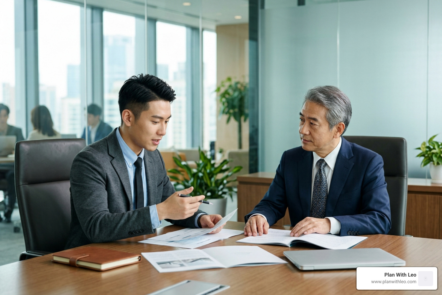Younger Asian life insurance agent speaking with older Asian client about business succession planning with life insurance