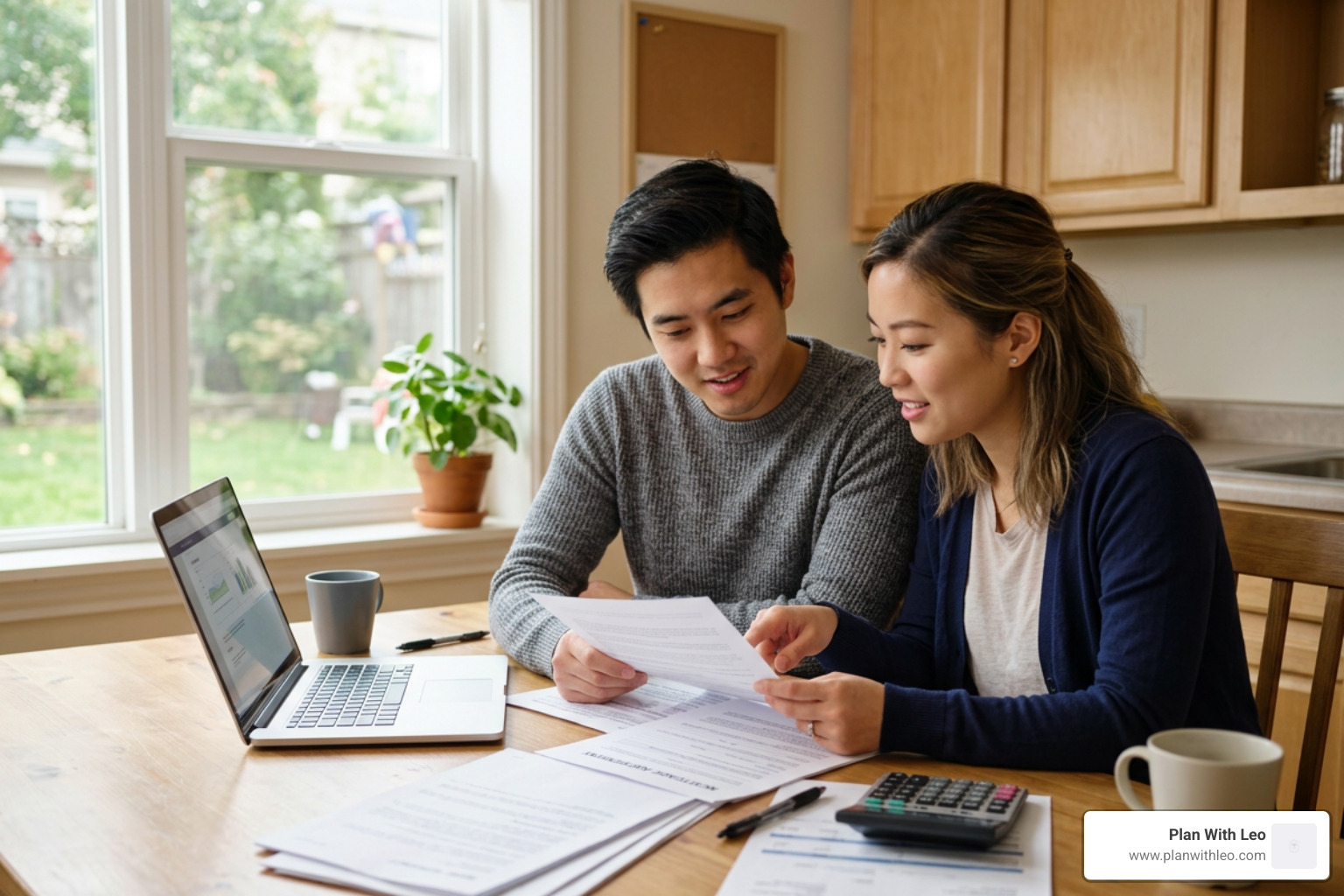 Young Asian American homeowner reviewing financial documents and mortgage paperwork at a kitchen table