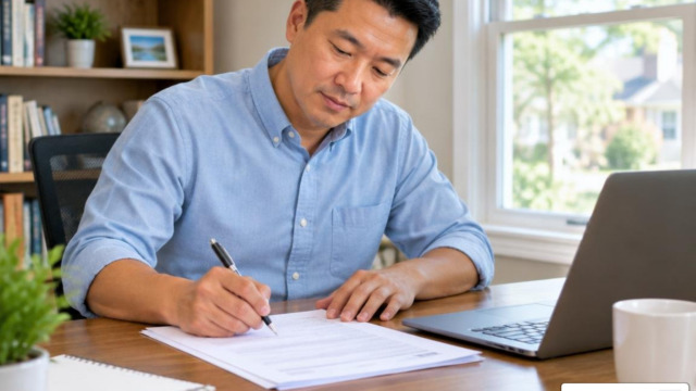 Vietnamese father completing life insurance paperwork at his desk