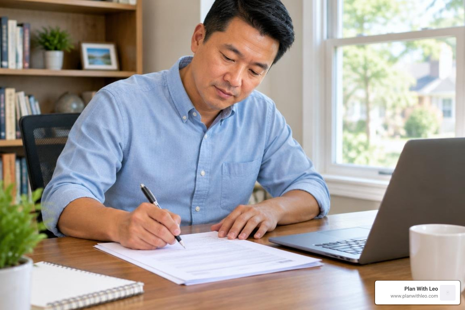 Vietnamese father completing life insurance paperwork at his desk