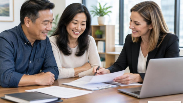Asian couple reviewing documents with a professional