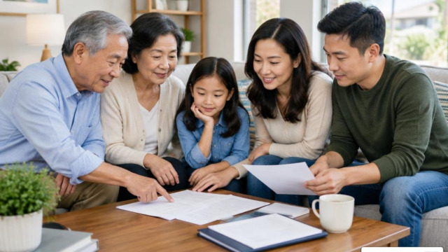 Asian multigenerational family discussing household protection in a California home