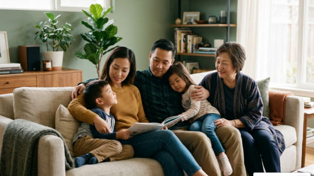 Asian family with young children resting together at home while considering child term rider life insurance