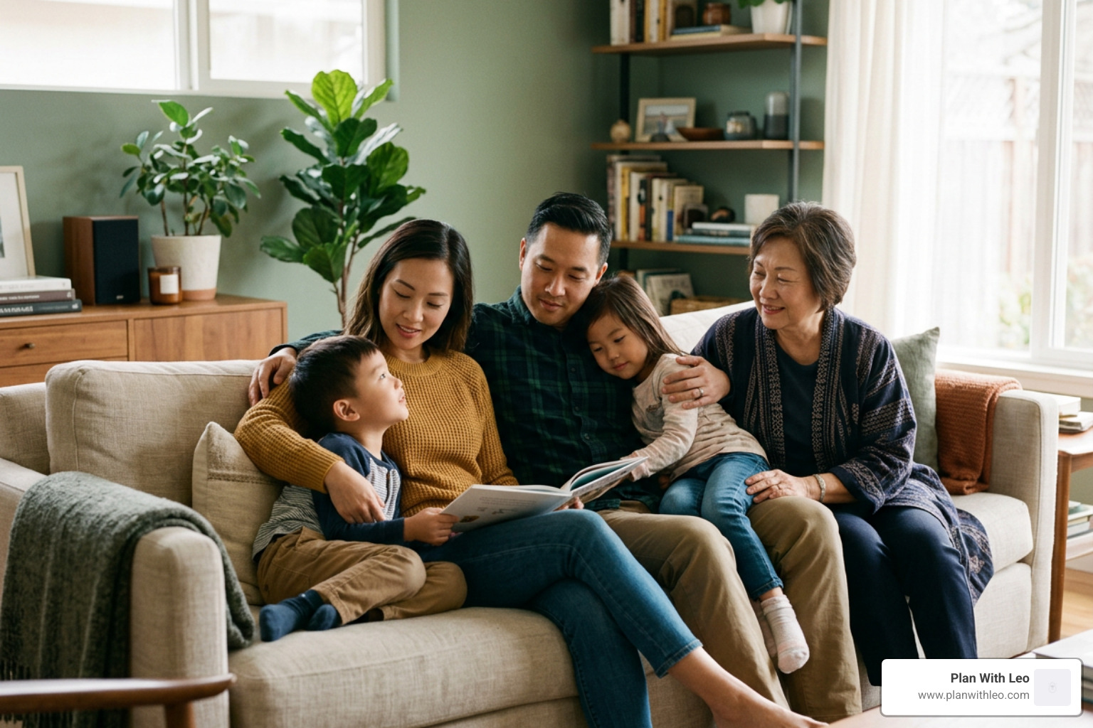 Asian family with young children resting together at home while considering child term rider life insurance