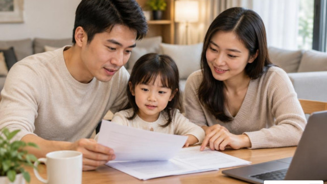 Asian family reviewing family protection planning documents at home